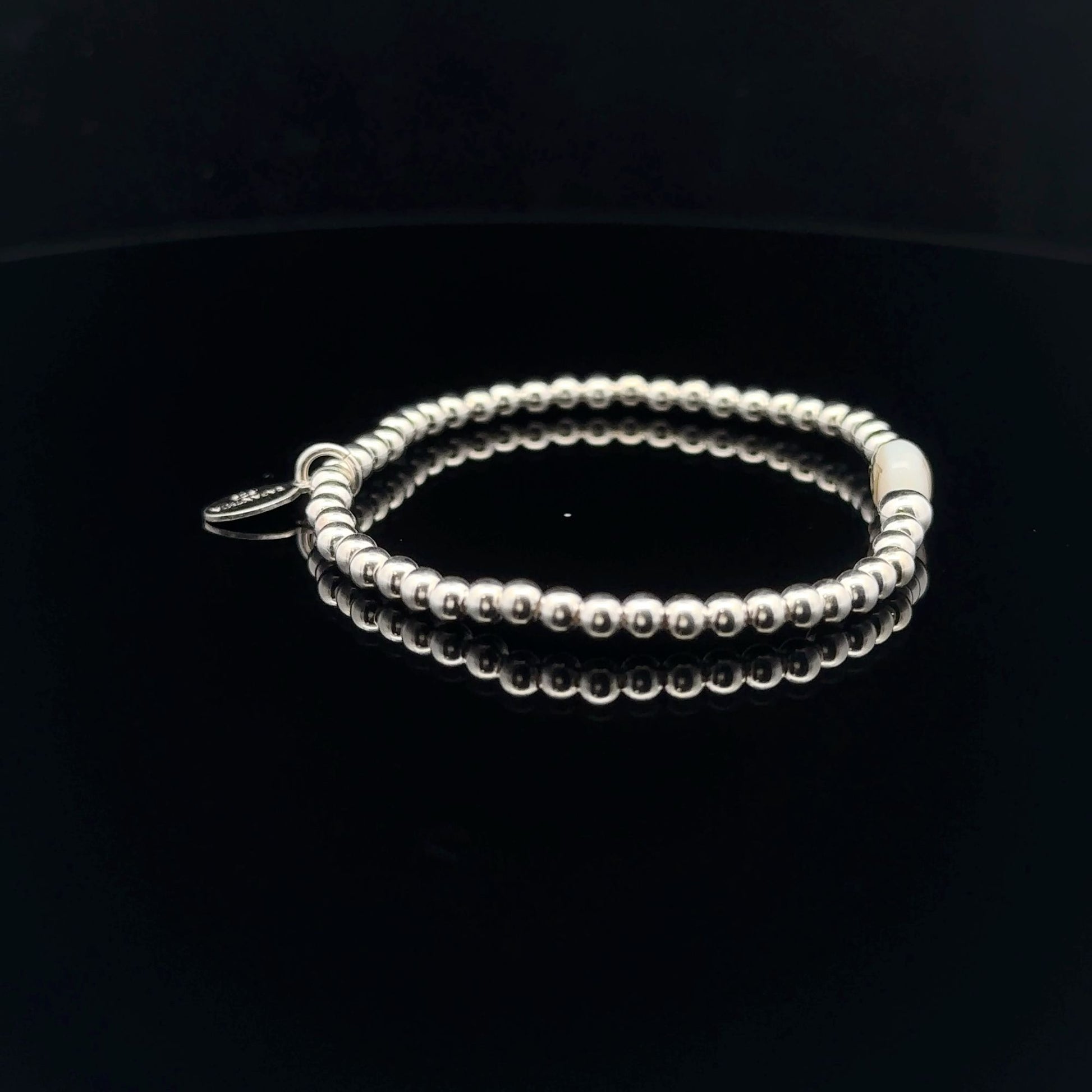 925 Sterling Silver Beaded Stretch Stacking Bracelet MOP Letters Initials - Rafant