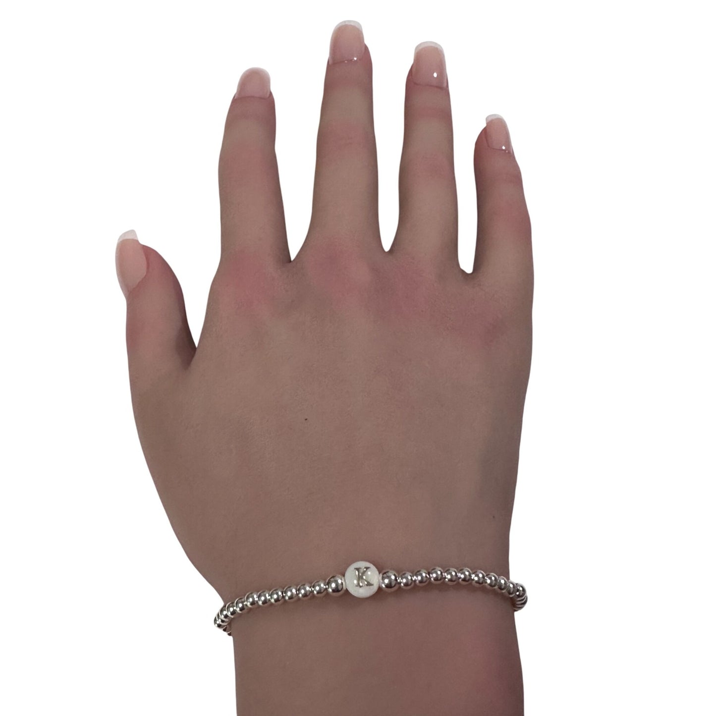 925 Sterling Silver Beaded Stretch Stacking Bracelet MOP Letters Initials - Rafant