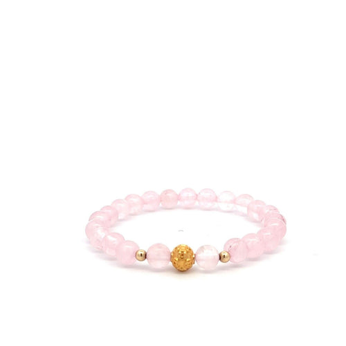 18K Gold Money Ball Lucky Charm Beads Bracelet Gemstones Rose Quartz 6mm - Rafant