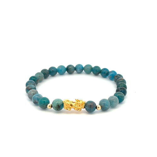 18K Gold Dragon Pixiu Piyao Lucky Charm Beads Bracelet Gemstones Apatite 6mm - Rafant