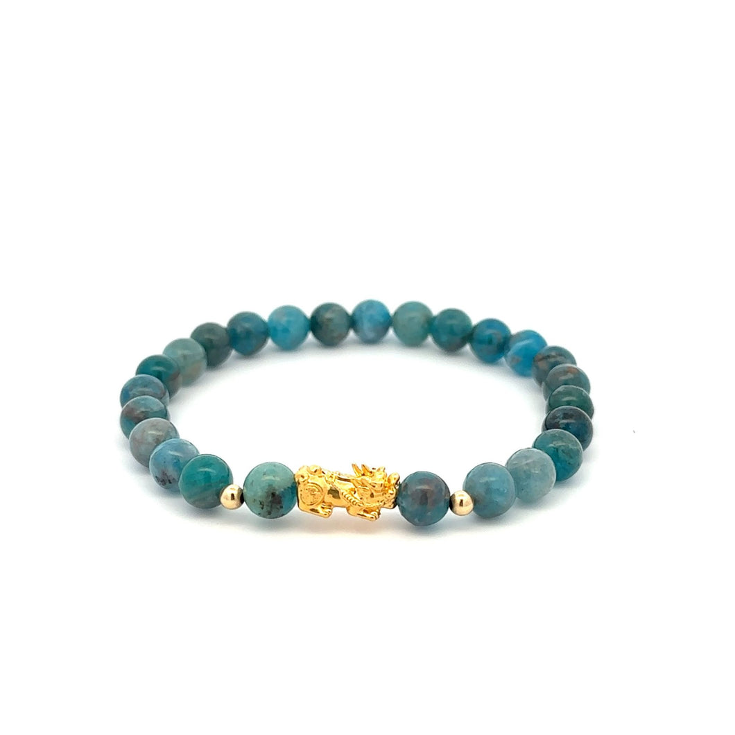 18K Gold Dragon Pixiu Piyao Lucky Charm Beads Bracelet Gemstones Apatite 6mm - Rafant
