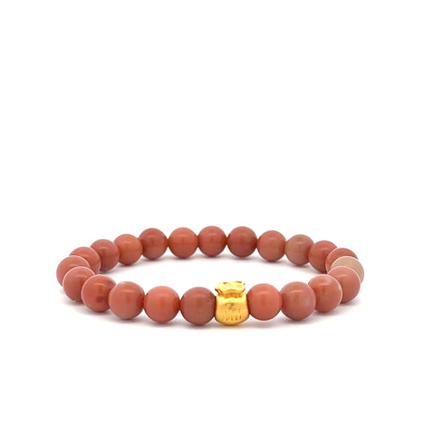 24K Gold Money Bag Lucky Charm Stretchable Bracelet Natural Jade Indian Red 6mm - Rafant