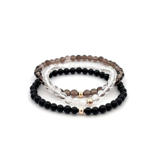 Onyx Smoky & Clear Quartz Gemstone Stretch Bracelet with 14K Gold Accent Bead Handmade - Rafant