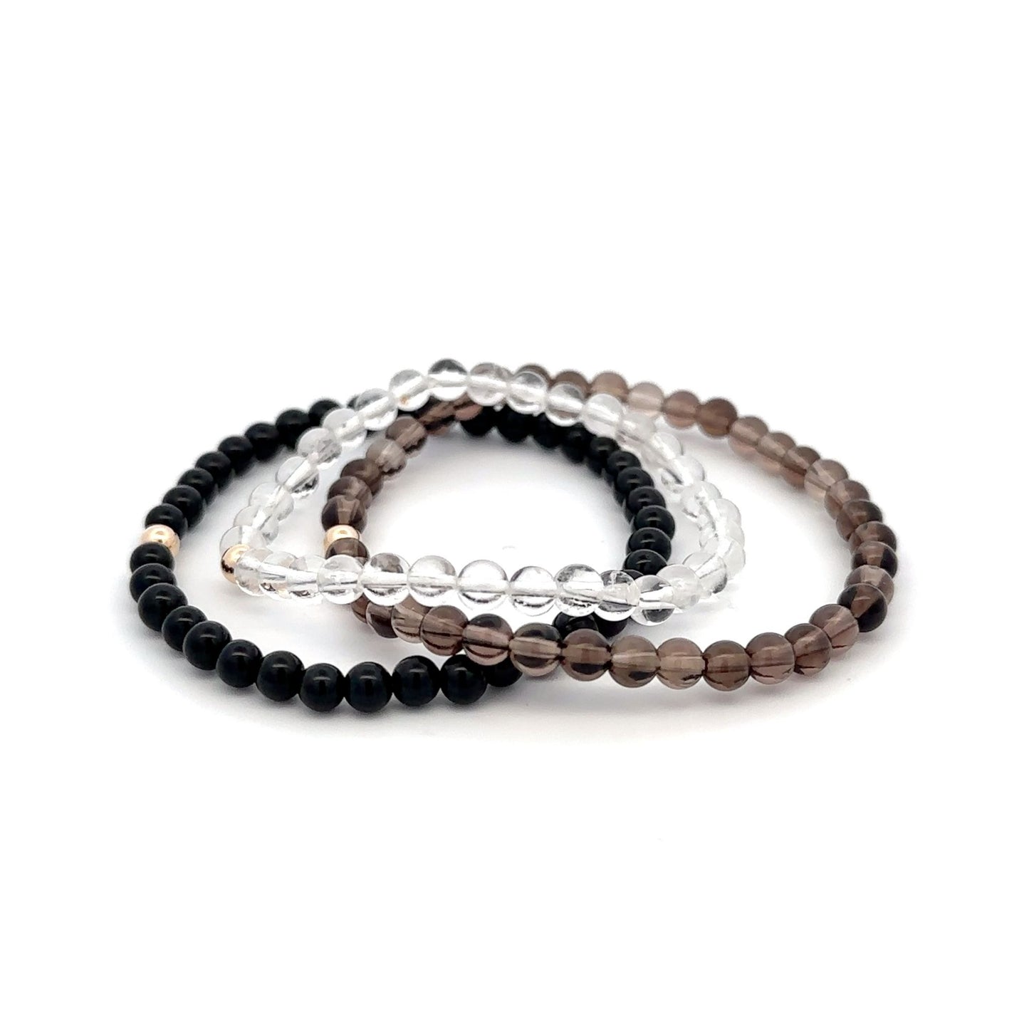 Onyx Smoky & Clear Quartz Gemstone Stretch Bracelet with 14K Gold Accent Bead Handmade - Rafant
