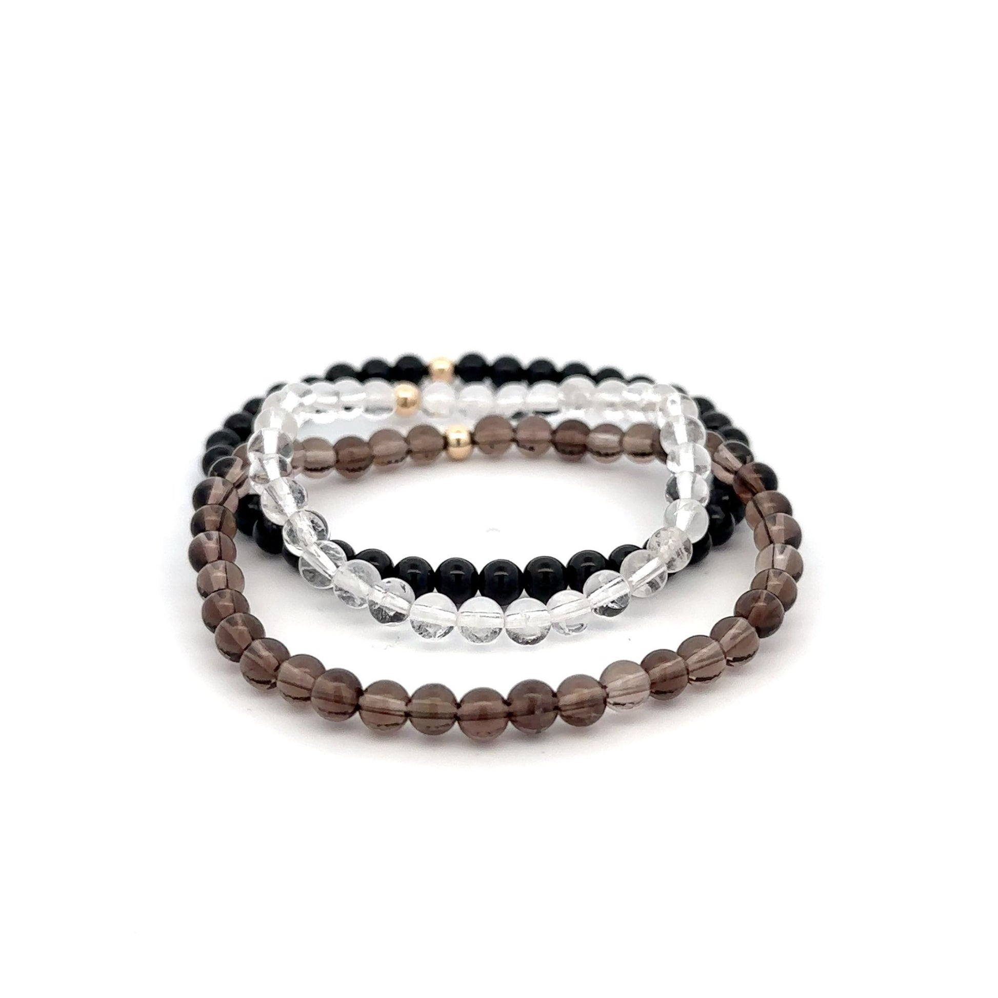Onyx Smoky & Clear Quartz Gemstone Stretch Bracelet with 14K Gold Accent Bead Handmade - Rafant