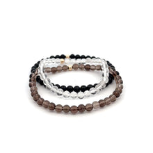 Load image into Gallery viewer, Onyx Smoky &amp; Clear Quartz Gemstone Stretch Bracelet with 14K Gold Accent Bead Handmade
