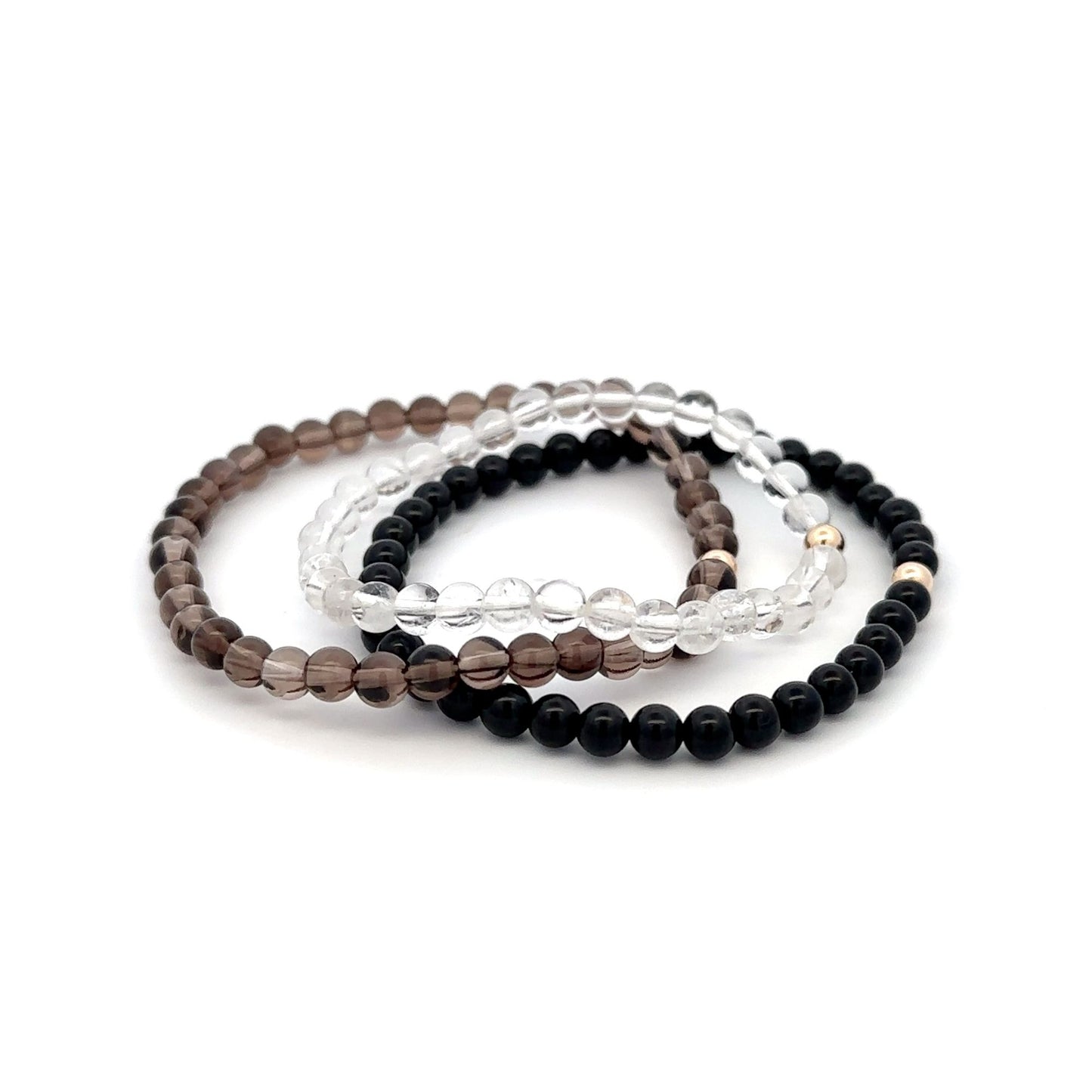 Onyx Smoky & Clear Quartz Gemstone Stretch Bracelet with 14K Gold Accent Bead Handmade - Rafant