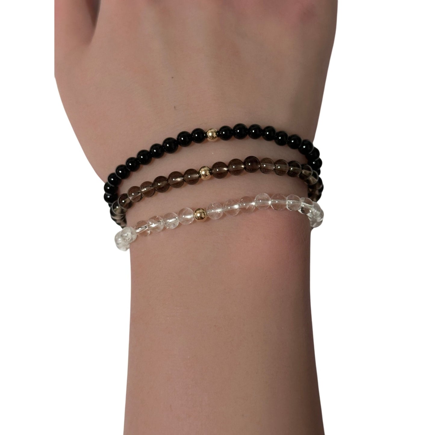 Onyx Smoky & Clear Quartz Gemstone Stretch Bracelet with 14K Gold Accent Bead Handmade - Rafant