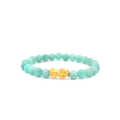 24K Gold Piyao Pixiu Lucky Charm Bracelet Gemstones Amazonite Peru 6mm - Rafant