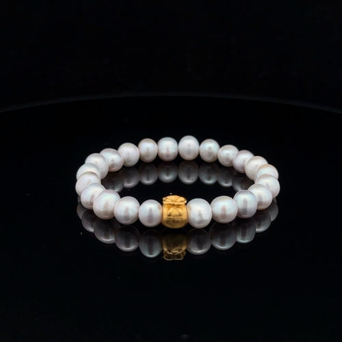 24K Yellow Gold Money Bag Lucky Bracelet Natural Freshwater Pearl Light Grey Gemstones - Rafant