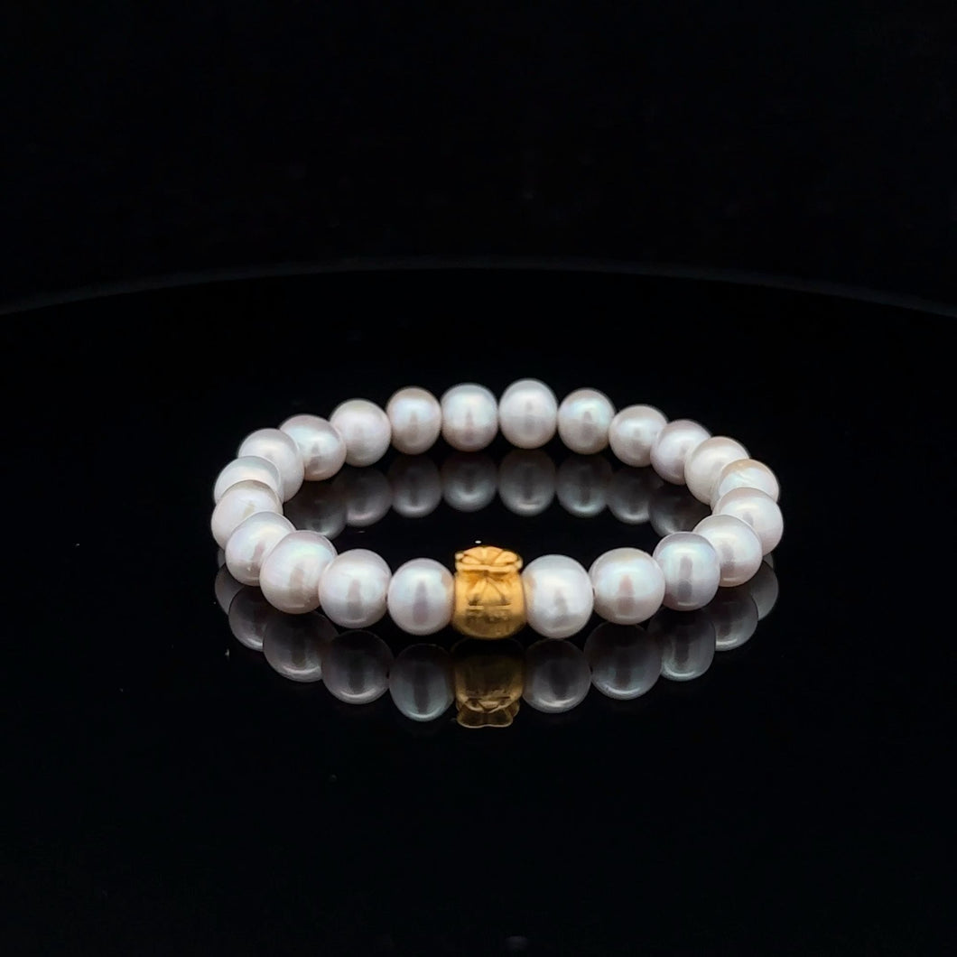 24K Yellow Gold Money Bag Lucky Bracelet Natural Freshwater Pearl Light Grey Gemstones - Rafant