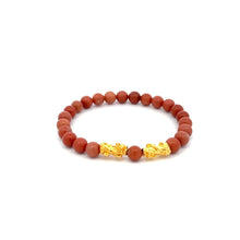 Load image into Gallery viewer, 18K Gold Dragon Pixiu Double Piyao Lucky Charm Bracelet Gemstones Indian Red Jade 6mm - Rafant
