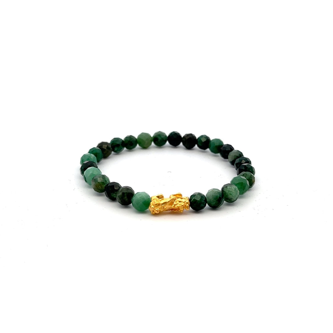 24K Gold Piyao Pixiu Bracelet Natural Emerald Gemstone Micro Faceted 6mm May Birthstone