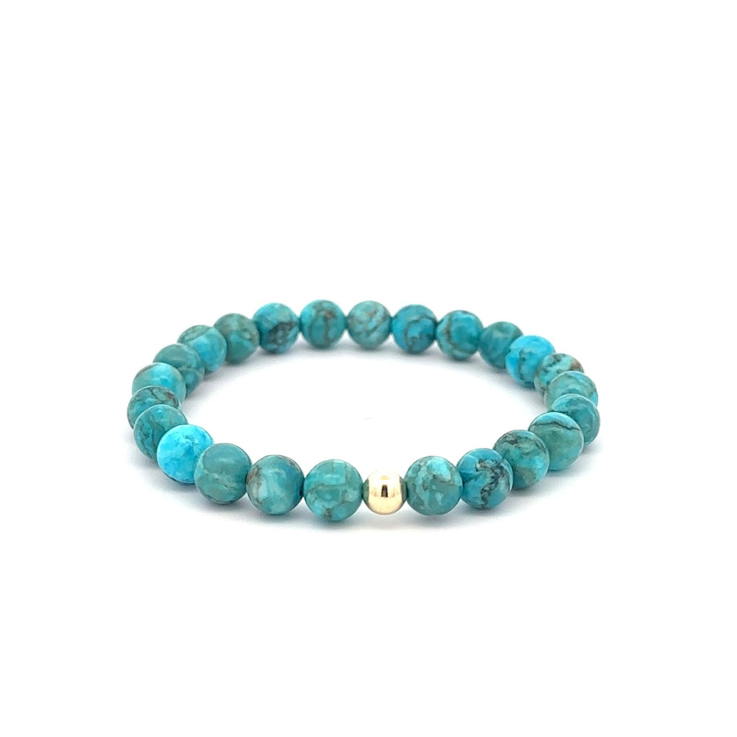 Natural Turquoise 6mm Stretchable Bracelet 18k Gold Bead Charm - Rafant