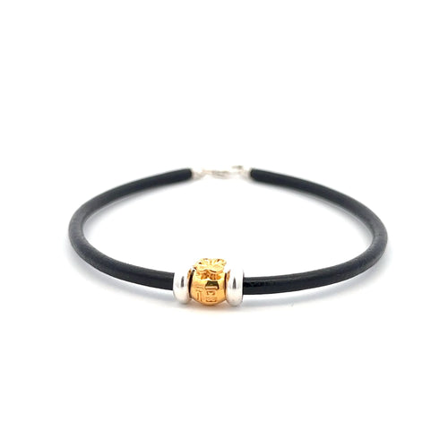18K Gold Money Bag Leather Cord Bracelet with 925 Sterling Silver Clasp and Stopper Beads Size 7.5