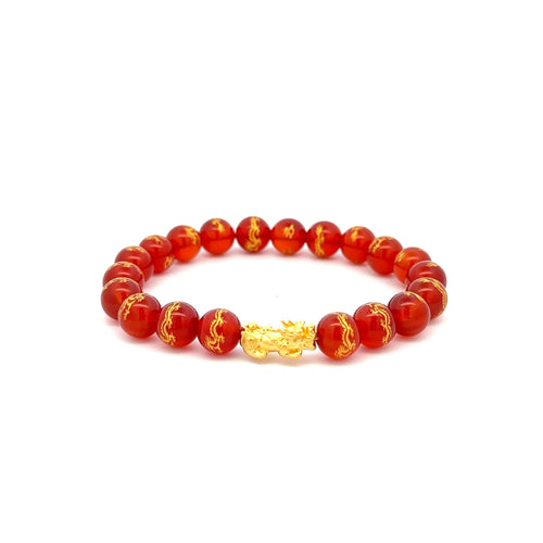 24K Gold Piyao Pixiu Lucky Charm Bracelet Gemstones Red Agate 8mm - Rafant