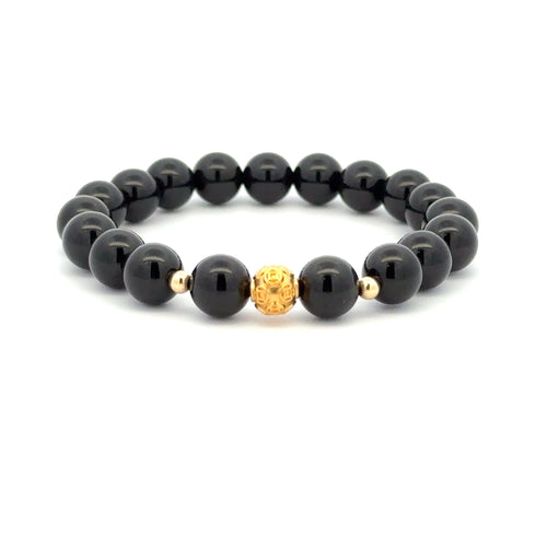 18K Gold Money Ball Lucky Charm Beads Bracelet Gemstones Onyx 8mm - Rafant