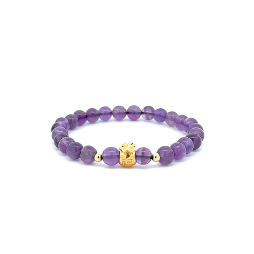 18K Gold Money Bag Lucky Charm Beads Bracelet Gemstones Amethyst 6mm - Rafant