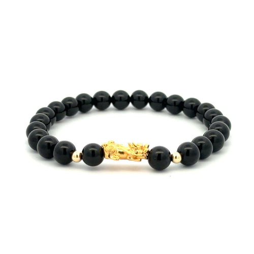 18K Gold Dragon Pixiu Piyao Lucky Charm Bracelet Gemstones Onyx 6mm - Rafant