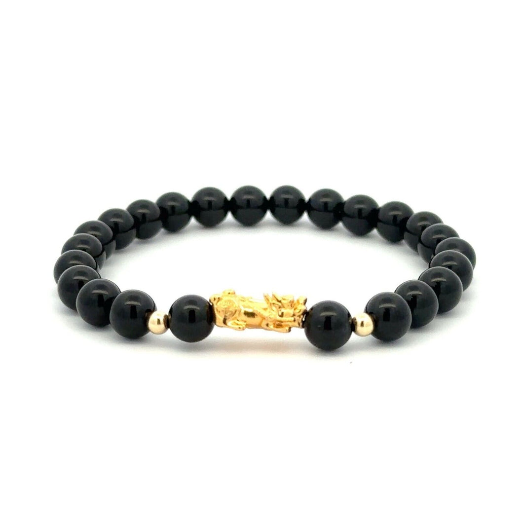 18K Gold Dragon Pixiu Piyao Lucky Charm Bracelet Gemstones Onyx 6mm - Rafant