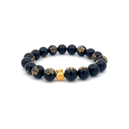 24K Yellow Gold Money Bag Lucky Bracelet Carved Black Agate Gemstones 10mm - Rafant