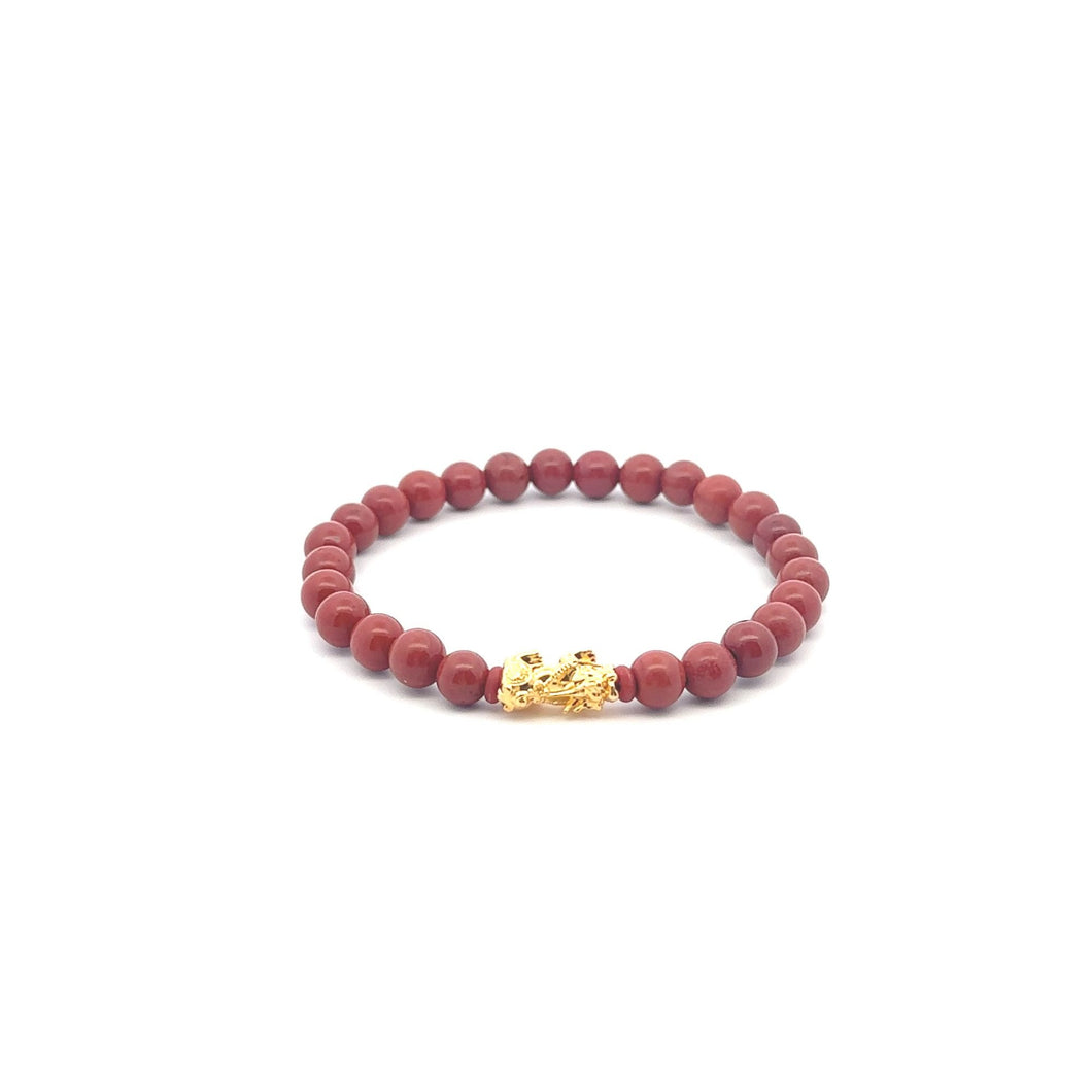 18K Gold Pixiu Piyao Lucky Charm Bracelet Natural Red Jasper Gemstones 6mm