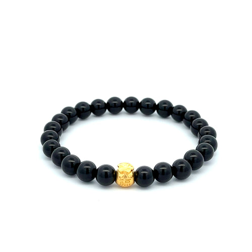 24K Yellow Gold Money Bag Lucky Bracelet Black Onyx Gemstones 6mm - Rafant