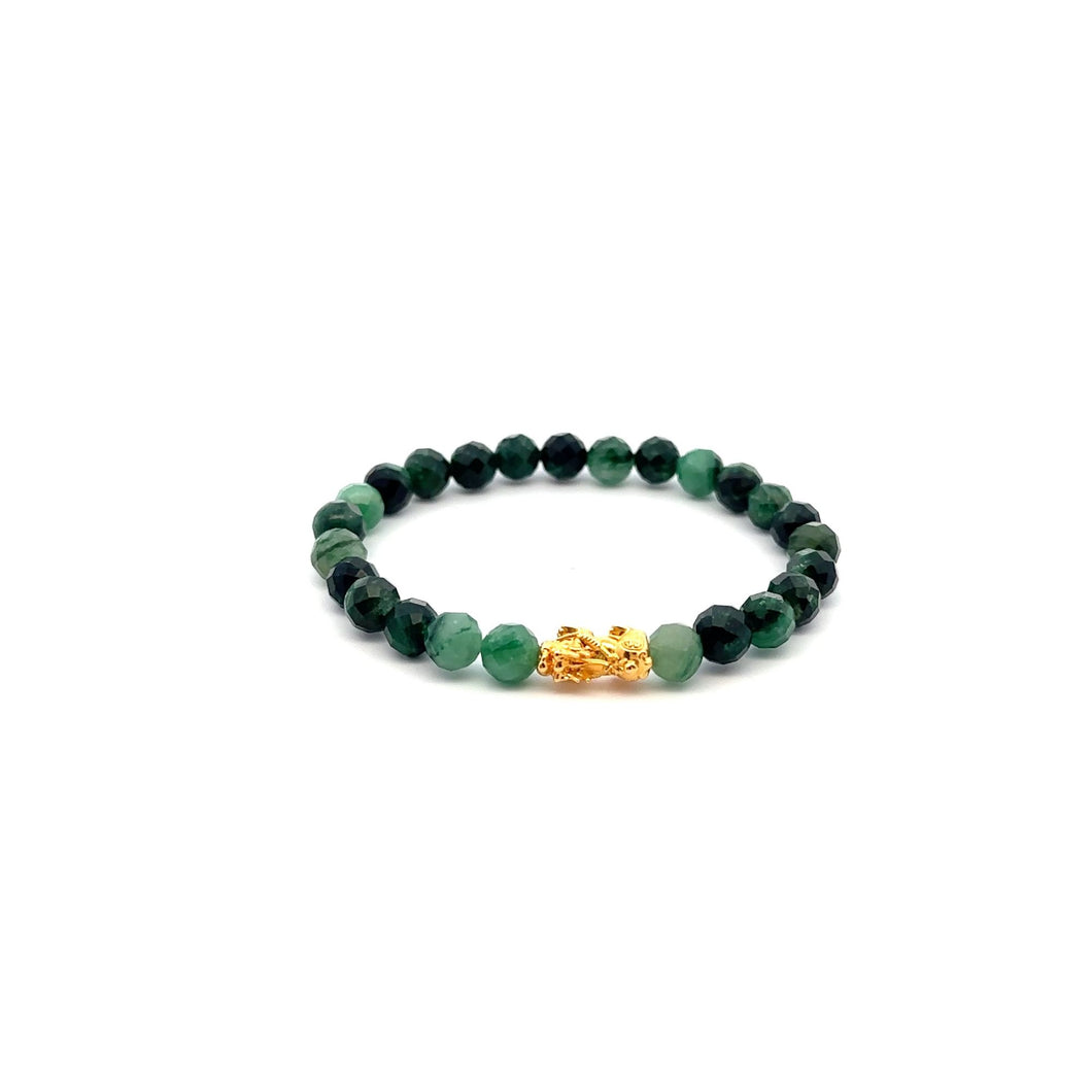 18K Gold Dragon Pixiu Piyao Bracelet Gemstones Emerald May Birthstones Micro Faceted 6mm