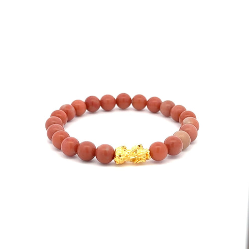 18K Gold Piyao Pixiu Dragon Lucky Charm Bracelet Gemstones Jade Indian Red 6mm - Rafant