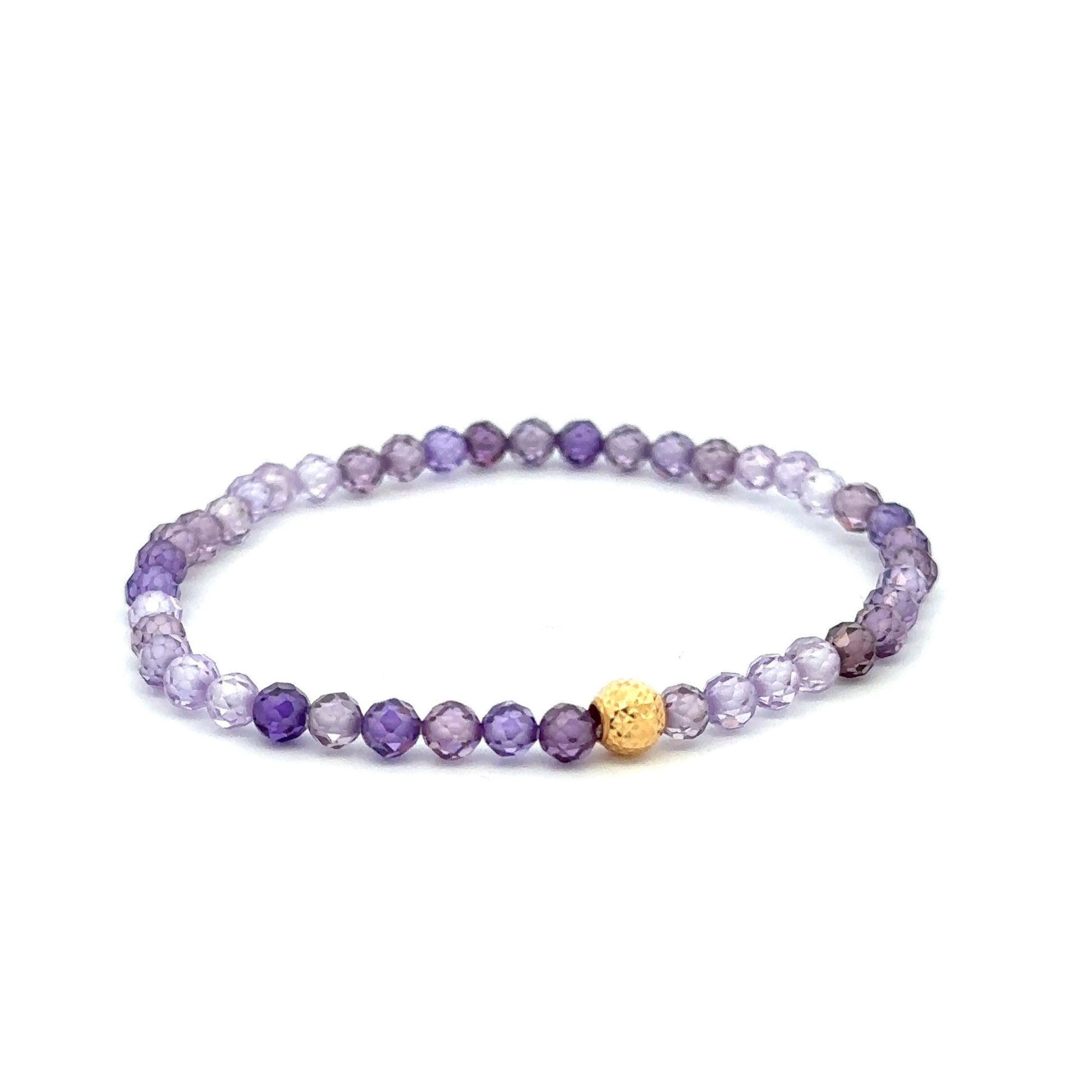 18K Gold Bead Stretchable Bracelet Purple Faceted Zircon Gemstones - Rafant