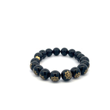 Load image into Gallery viewer, 24K Yellow Gold Money Bag Lucky Bracelet Carved Black Agate Gemstones 10mm - Rafant

