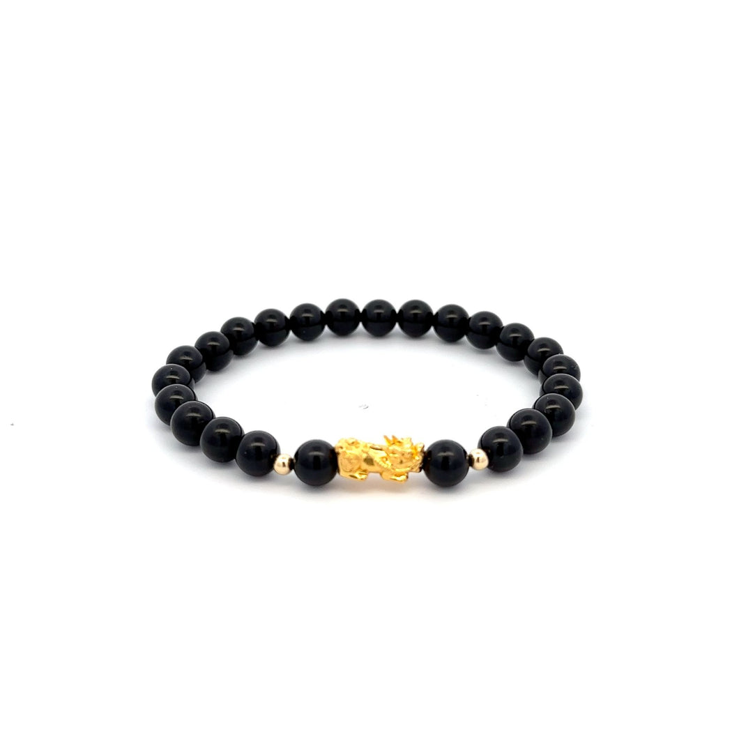 18K Gold Dragon Pixiu Piyao Lucky Charm Bead Bracelet Gemstones Natural Black Tourmaline 6mm - Rafant