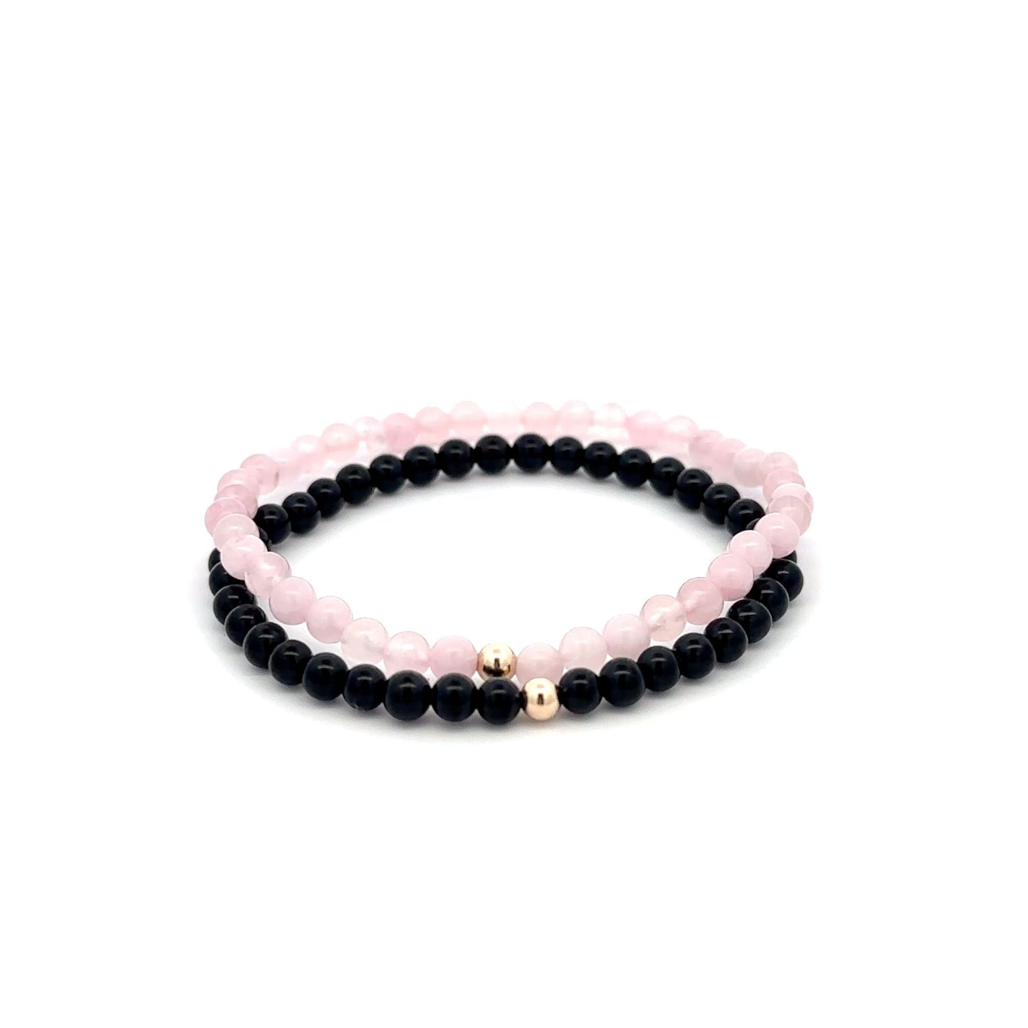 Onyx & Rose Quartz Gemstone Stretch Bracelet with 14K Gold Accent Bead Handmade - Rafant