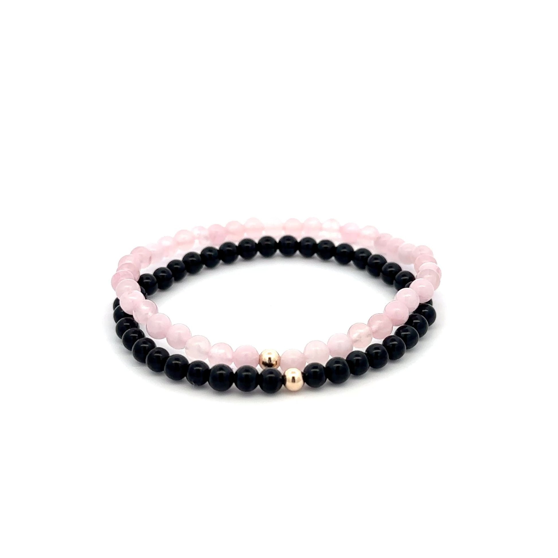 Onyx & Rose Quartz Gemstone Stretch Bracelet with 14K Gold Accent Bead Handmade - Rafant