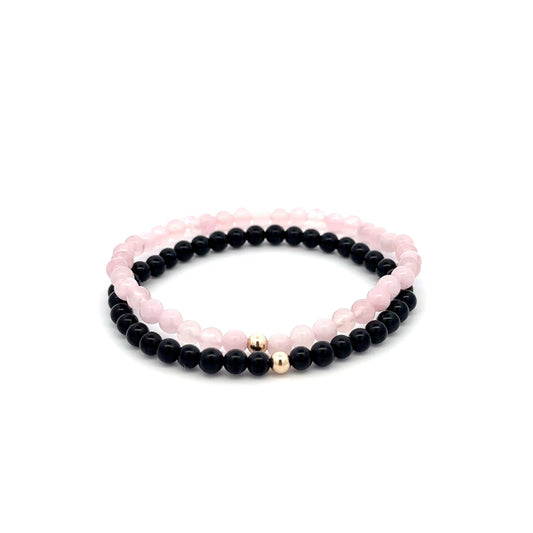 Onyx & Rose Quartz Gemstone Stretch Bracelet with 14K Gold Accent Bead Handmade - Rafant