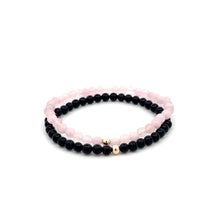 Load image into Gallery viewer, Onyx &amp; Rose Quartz Gemstone Stretch Bracelet with 14K Gold Accent Bead Handmade
