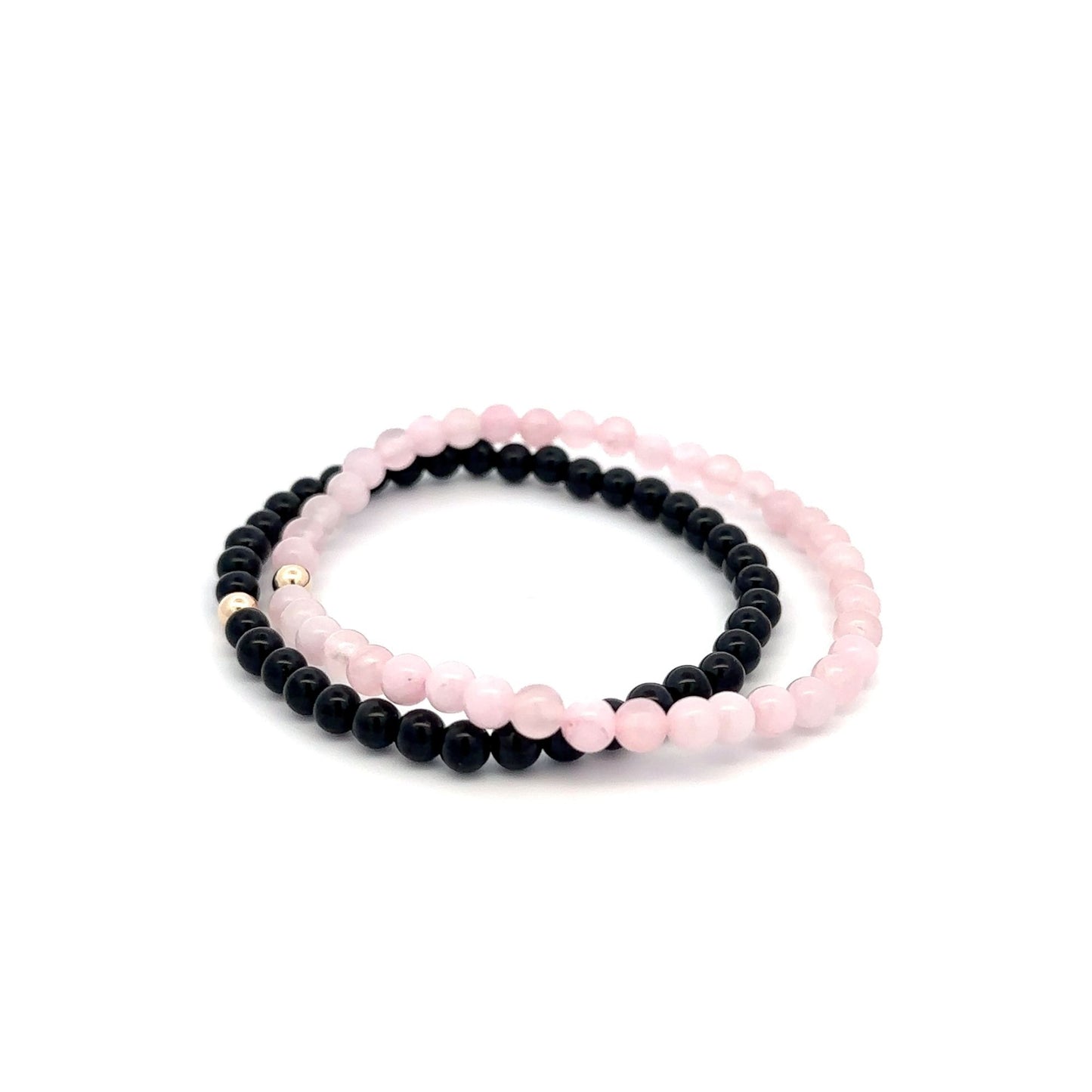 Onyx & Rose Quartz Gemstone Stretch Bracelet with 14K Gold Accent Bead Handmade - Rafant