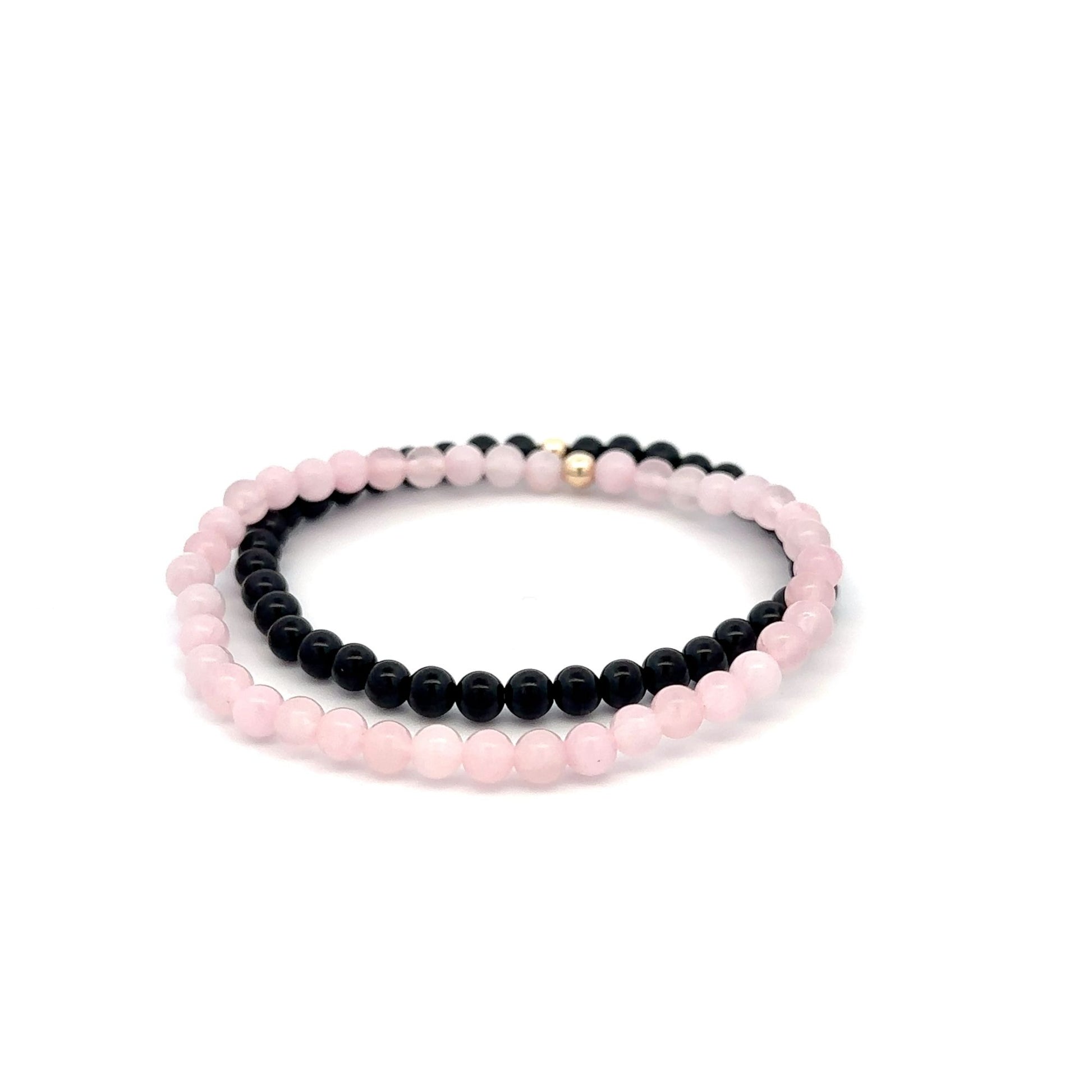 Onyx & Rose Quartz Gemstone Stretch Bracelet with 14K Gold Accent Bead Handmade - Rafant