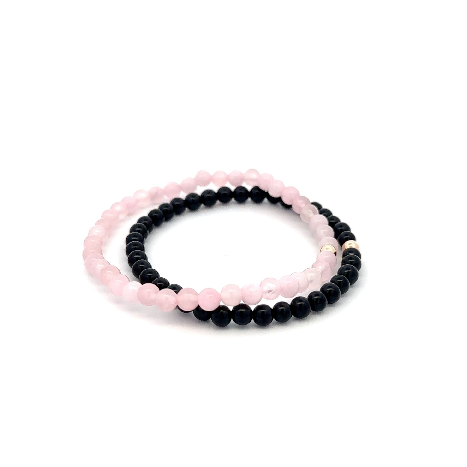 Onyx & Rose Quartz Gemstone Stretch Bracelet with 14K Gold Accent Bead Handmade - Rafant