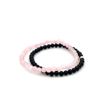 Load image into Gallery viewer, Onyx &amp; Rose Quartz Gemstone Stretch Bracelet with 14K Gold Accent Bead Handmade
