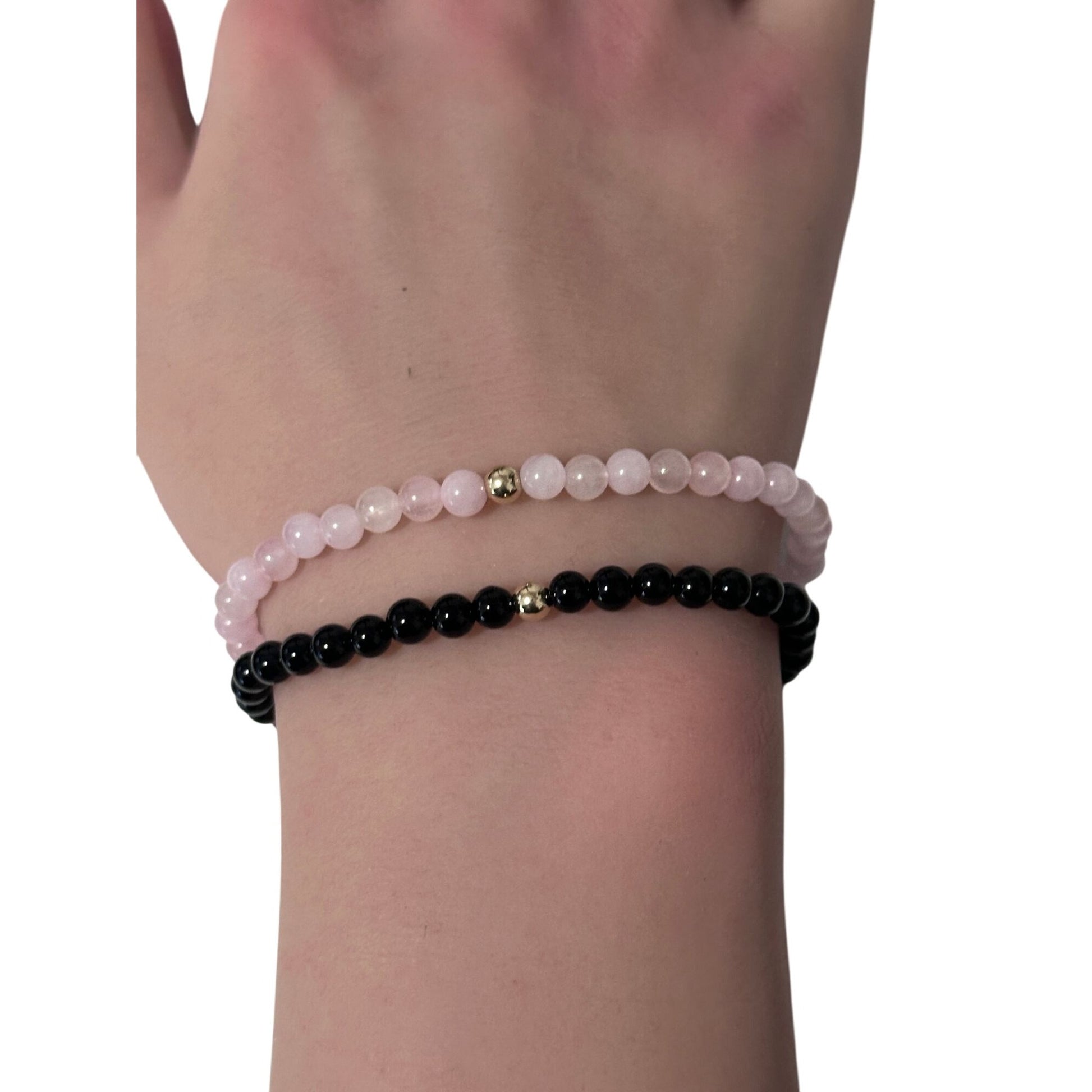 Onyx & Rose Quartz Gemstone Stretch Bracelet with 14K Gold Accent Bead Handmade - Rafant