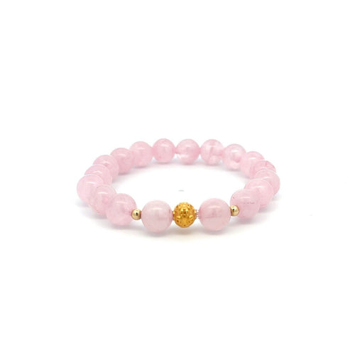 18K Gold Money Ball Lucky Charm Beads Bracelet Gemstones Rose Quartz 8mm - Rafant