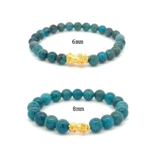 Real 18K Gold Piyao Pixiu Lucky Charm Bracelet Natural Apatite Gemstones 6mm-8mm - Rafant