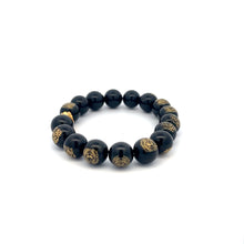Load image into Gallery viewer, 24K Yellow Gold Money Bag Lucky Bracelet Carved Black Agate Gemstones 10mm - Rafant
