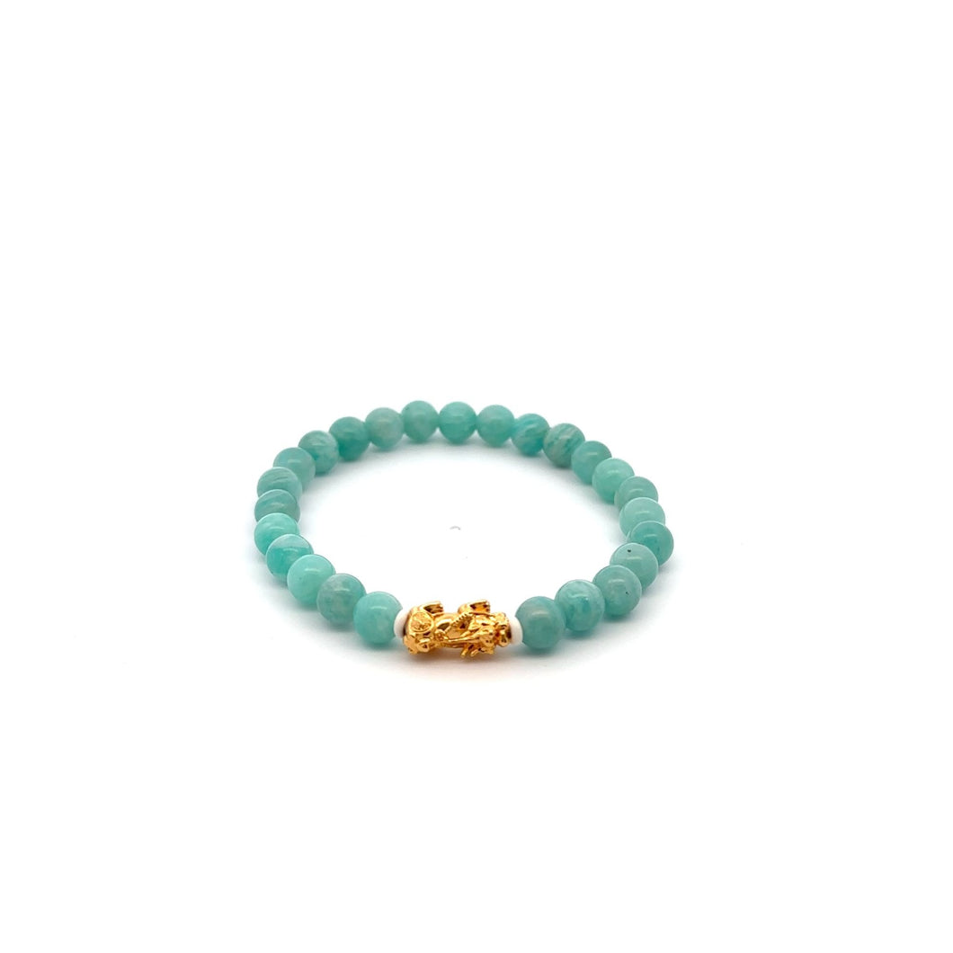 18K Gold Pixiu Piyao Lucky Charm Bracelet Natural Amazonite Peru Gemstones 6mm