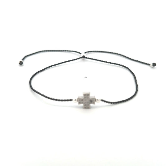 Natural Raw Pave Diamond Cross Bracelet Sterling Silver Adjustable Cord Size 5"- 9"