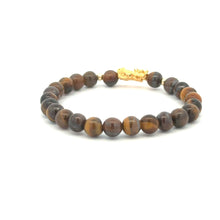 Load image into Gallery viewer, 18K Gold Dragon Pixiu Piyao Lucky Charm Beads Bracelet Gemstones Tiger&#39;s Eye 6mm - Rafant
