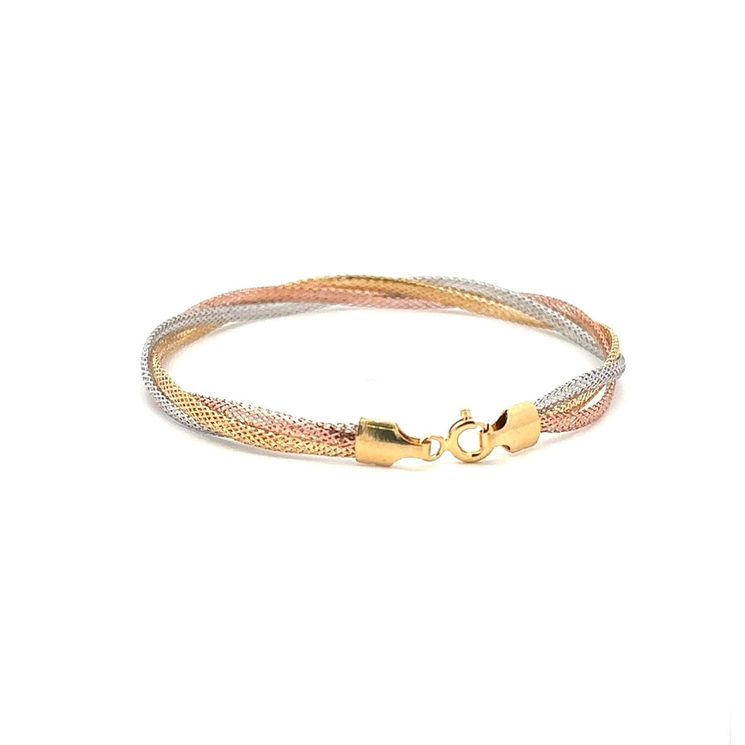 18K Gold Bracelet Tricolor Soft Mesh Flexible Bangle 6.25 inches 1.8 grams - Rafant