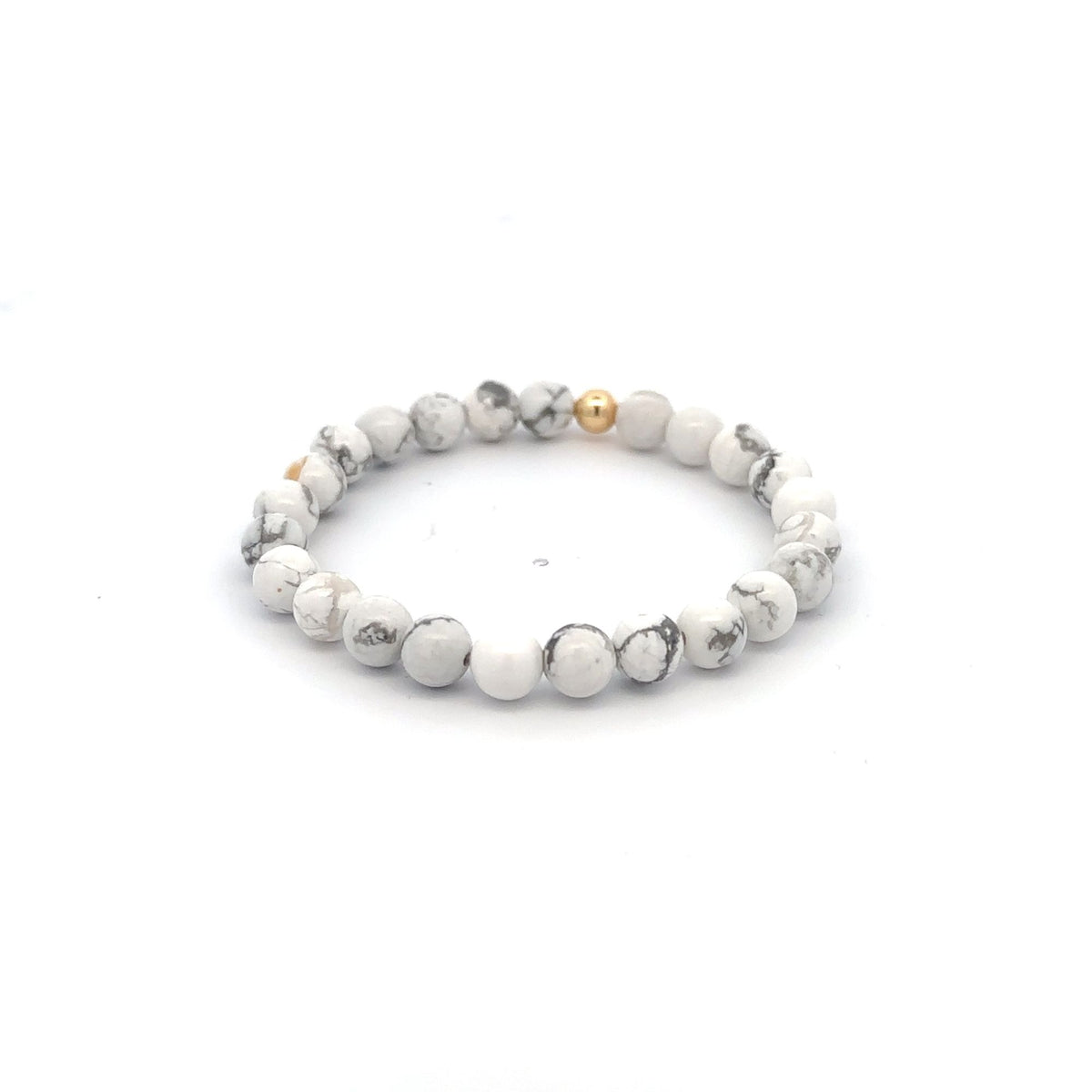 Natural White Howlite Gemstones 6mm Stretchable Bracelet 18k Gold Bead Charm - Rafant
