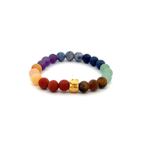 24K Yellow Gold Money Bag Lucky Bracelet Matte Chakra Gemstones 6mm - Rafant